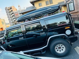 hummer h2 ルーフバー　ルーフキャリア　スノーボード　スキー　キャリ　ラック　ボックス　ジェットバッグ　thule spirit 820 カーメイト　terzo rv inno ハマー　ルーフラック　ルーフキャリア　キャンプ　荷物　車中泊　キャンパー　ステルスキャンパー  オーバーランディング
