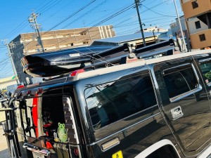 hummer h2 ルーフバー　ルーフキャリア　スノーボード　スキー　キャリ　ラック　ボックス　ジェットバッグ　thule spirit 820 カーメイト　terzo rv inno ハマー　ルーフラック　ルーフキャリア　キャンプ　荷物